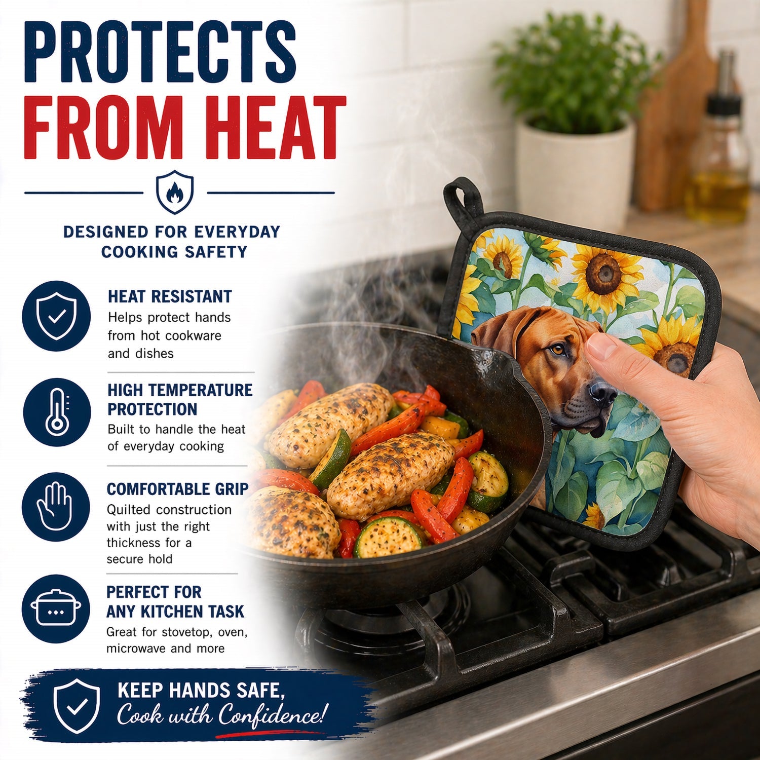 Rhodesian Ridgeback in Sunflowers Pot Holder Set of 2 Heat Resistant Quilted Hot Pads 7.5 x 7.5 Inch, Insulated Kitchen Trivets for Cooking & Baking