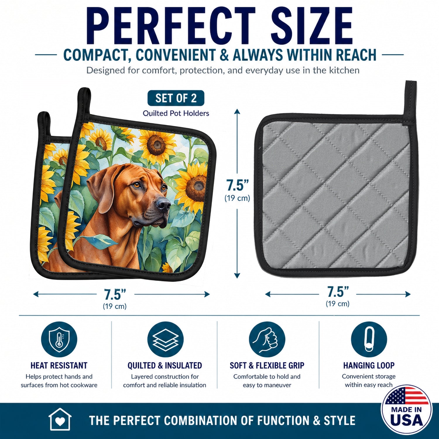 Rhodesian Ridgeback in Sunflowers Pot Holder Set of 2 Heat Resistant Quilted Hot Pads 7.5 x 7.5 Inch, Insulated Kitchen Trivets for Cooking & Baking