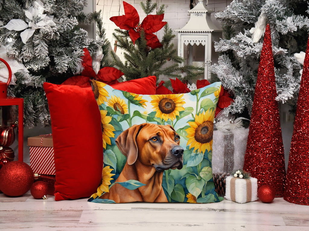Rhodesian Ridgeback in Sunflowers Decorative Throw Pillow 14x14 Indoor Outdoor Accent Cushion, Fabric Cover with Insert for Sofa, Bed, Porch & Living Room