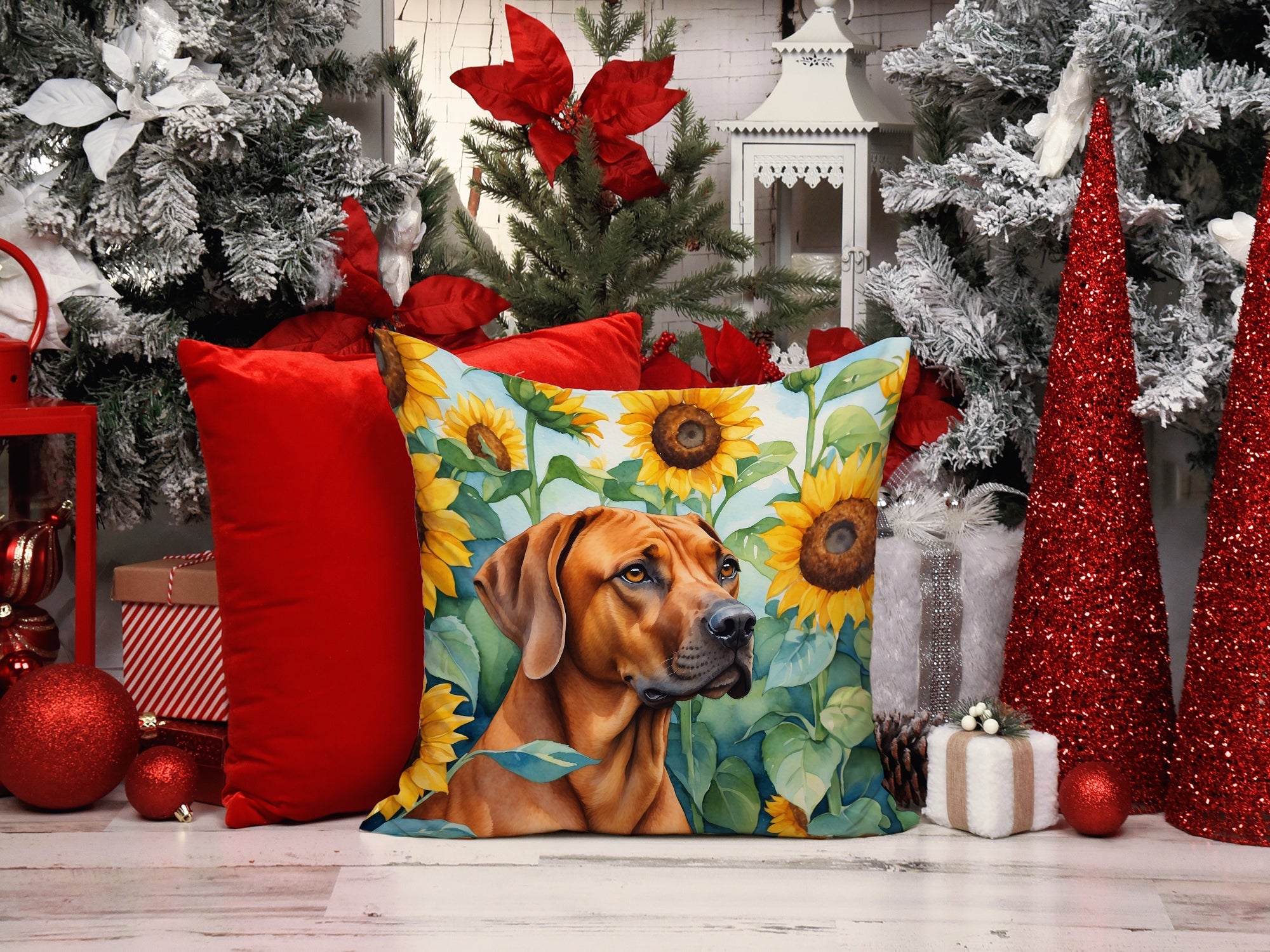 Rhodesian Ridgeback in Sunflowers Decorative Throw Pillow 14x14 Indoor Outdoor Accent Cushion, Fabric Cover with Insert for Sofa, Bed, Porch & Living Room