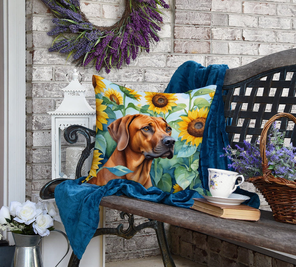 Rhodesian Ridgeback in Sunflowers Decorative Throw Pillow 18x18 Indoor Outdoor Accent Cushion, Fabric Cover with Insert for Sofa, Bed, Porch & Living Room