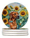 Rhodesian Ridgeback in Sunflowers Large Sandstone Coasters Pack of 4 Absorbent Round Coasters Decor Gifts for Men or Women, 4 in, Multicolor