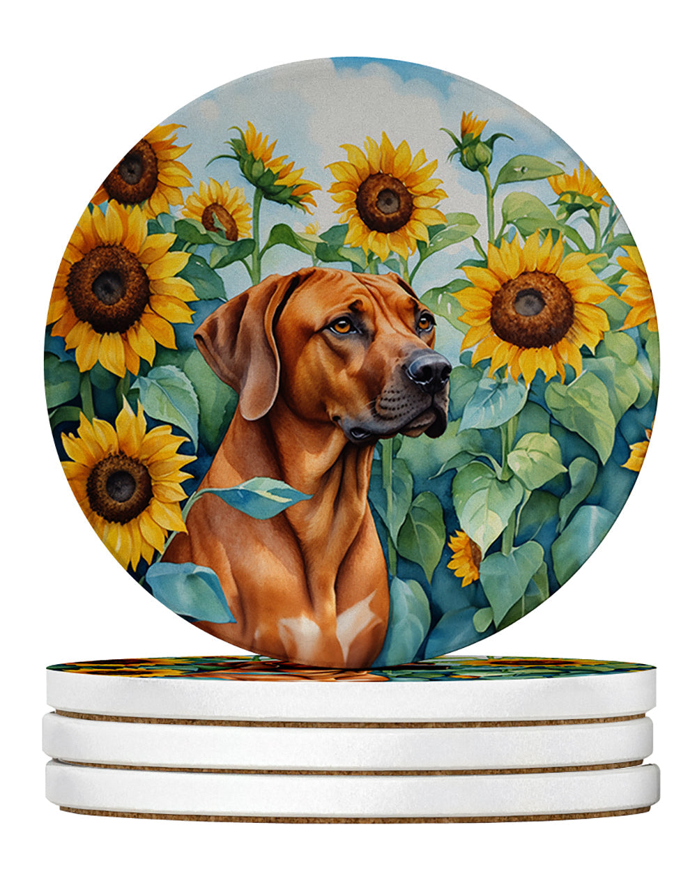 Rhodesian Ridgeback in Sunflowers Large Sandstone Coasters Pack of 4 Absorbent Round Coasters Decor Gifts for Men or Women, 4 in, Multicolor