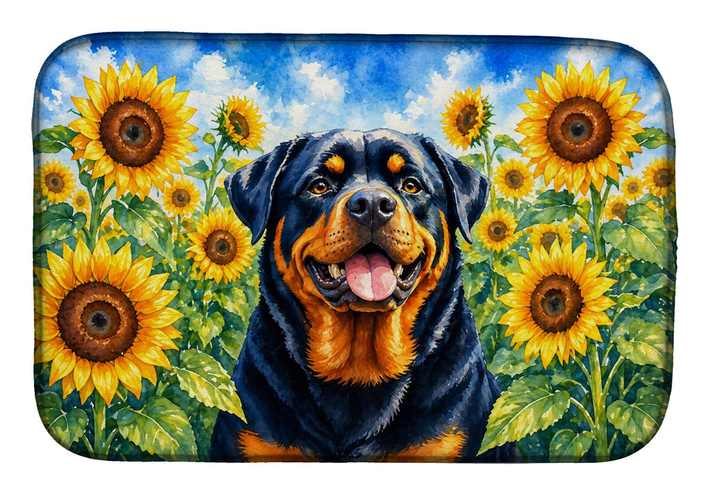 Rottweiler in Sunflowers Dish Drying Mat Absorbent Dish Drying Mat Pad for Kitchen Counter Dish Drainer Mat for Countertop, 14 x 21", Multicolor