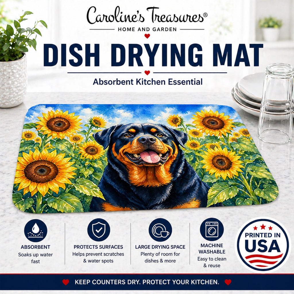 Rottweiler in Sunflowers Dish Drying Mat Absorbent Dish Drying Mat Pad for Kitchen Counter Dish Drainer Mat for Countertop, 14 x 21", Multicolor