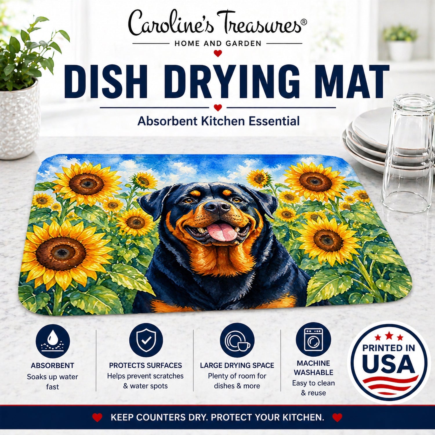 Rottweiler in Sunflowers Dish Drying Mat Absorbent Dish Drying Mat Pad for Kitchen Counter Dish Drainer Mat for Countertop, 14 x 21", Multicolor