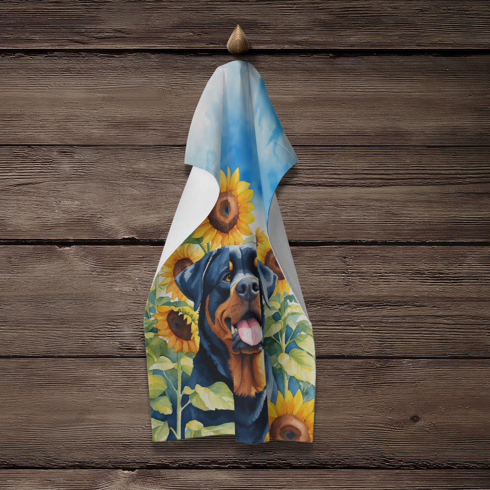 Rottweiler in Sunflowers Kitchen Towel Velour Plush Front and Cotton Loop Back Machine Washable