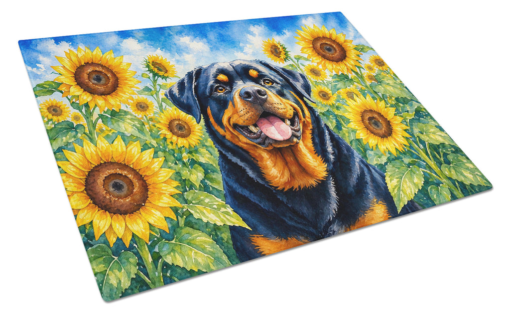 Rottweiler in Sunflowers Cutting Board Tempered Glass Kitchen Cutting Surface, Heat Resistant Chopping Board with Non-Slip Feet, Decorative Food Prep & Serving