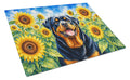 Rottweiler in Sunflowers Cutting Board Tempered Glass Kitchen Cutting Surface, Heat Resistant Chopping Board with Non-Slip Feet, Decorative Food Prep & Serving