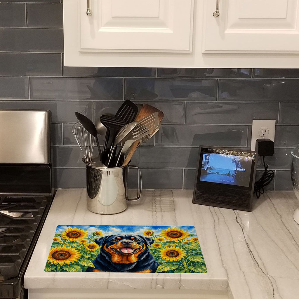 Rottweiler in Sunflowers Cutting Board Tempered Glass Kitchen Cutting Surface, Heat Resistant Chopping Board with Non-Slip Feet, Decorative Food Prep & Serving