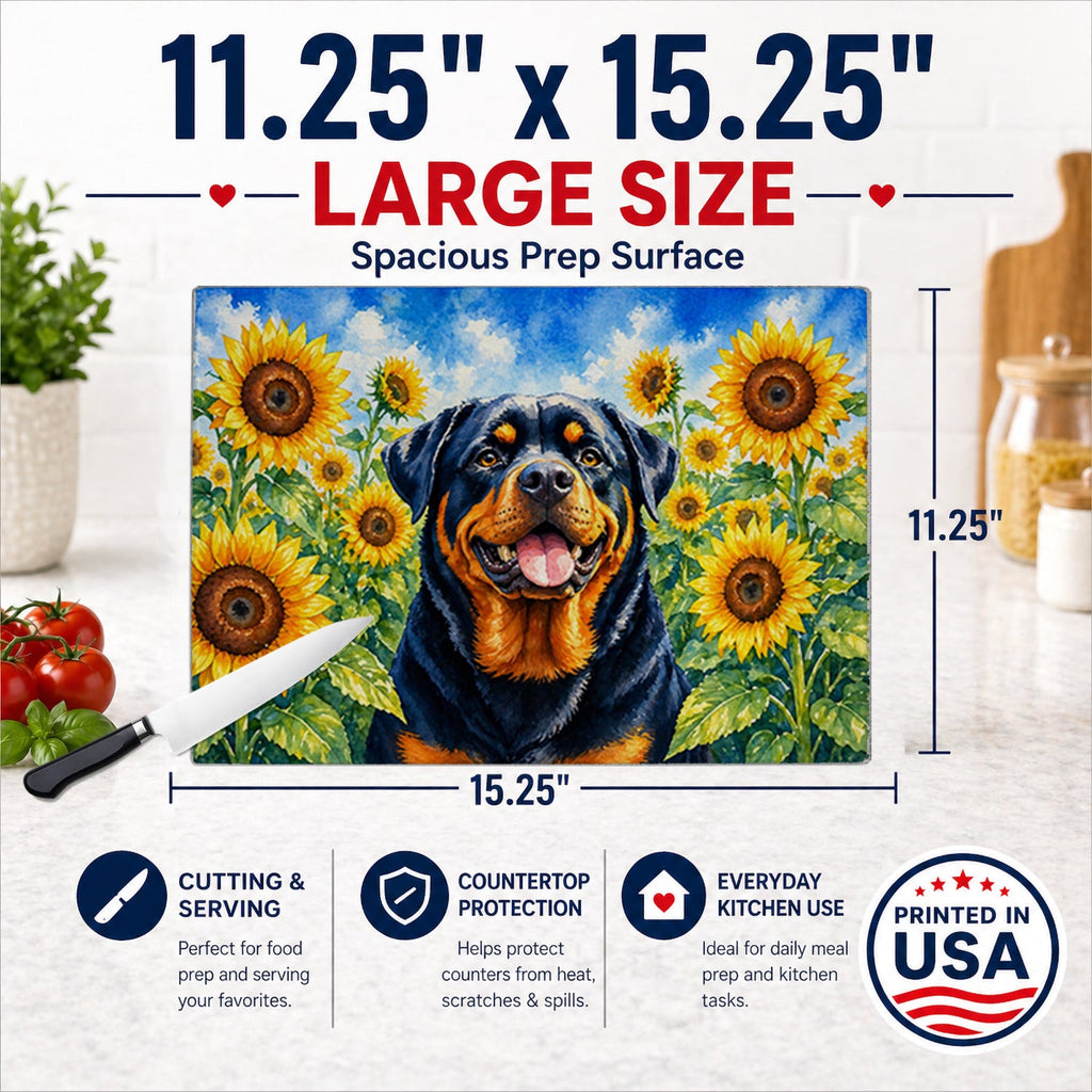 Rottweiler in Sunflowers Cutting Board Tempered Glass Kitchen Cutting Surface, Heat Resistant Chopping Board with Non-Slip Feet, Decorative Food Prep & Serving