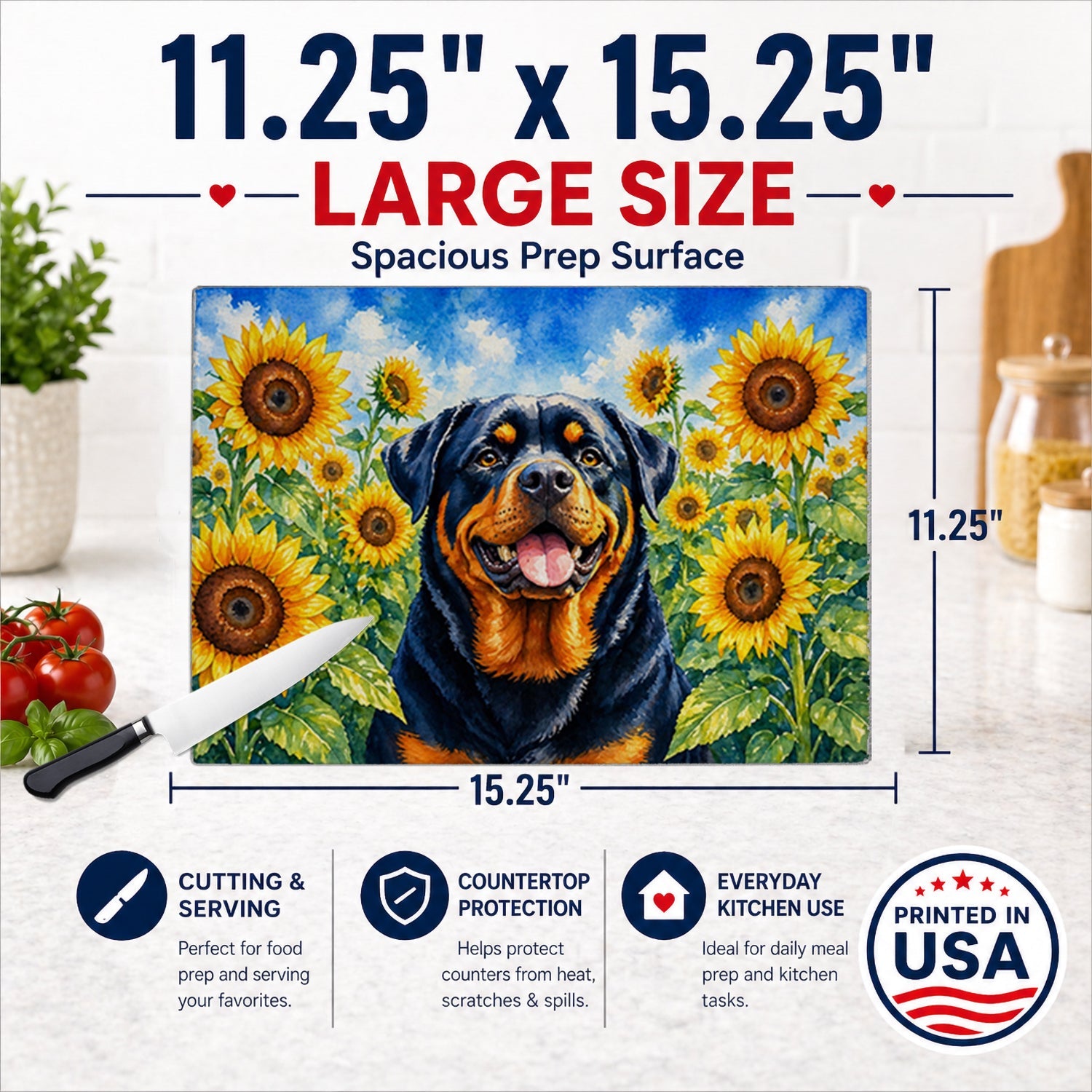 Rottweiler in Sunflowers Cutting Board Tempered Glass Kitchen Cutting Surface, Heat Resistant Chopping Board with Non-Slip Feet, Decorative Food Prep & Serving