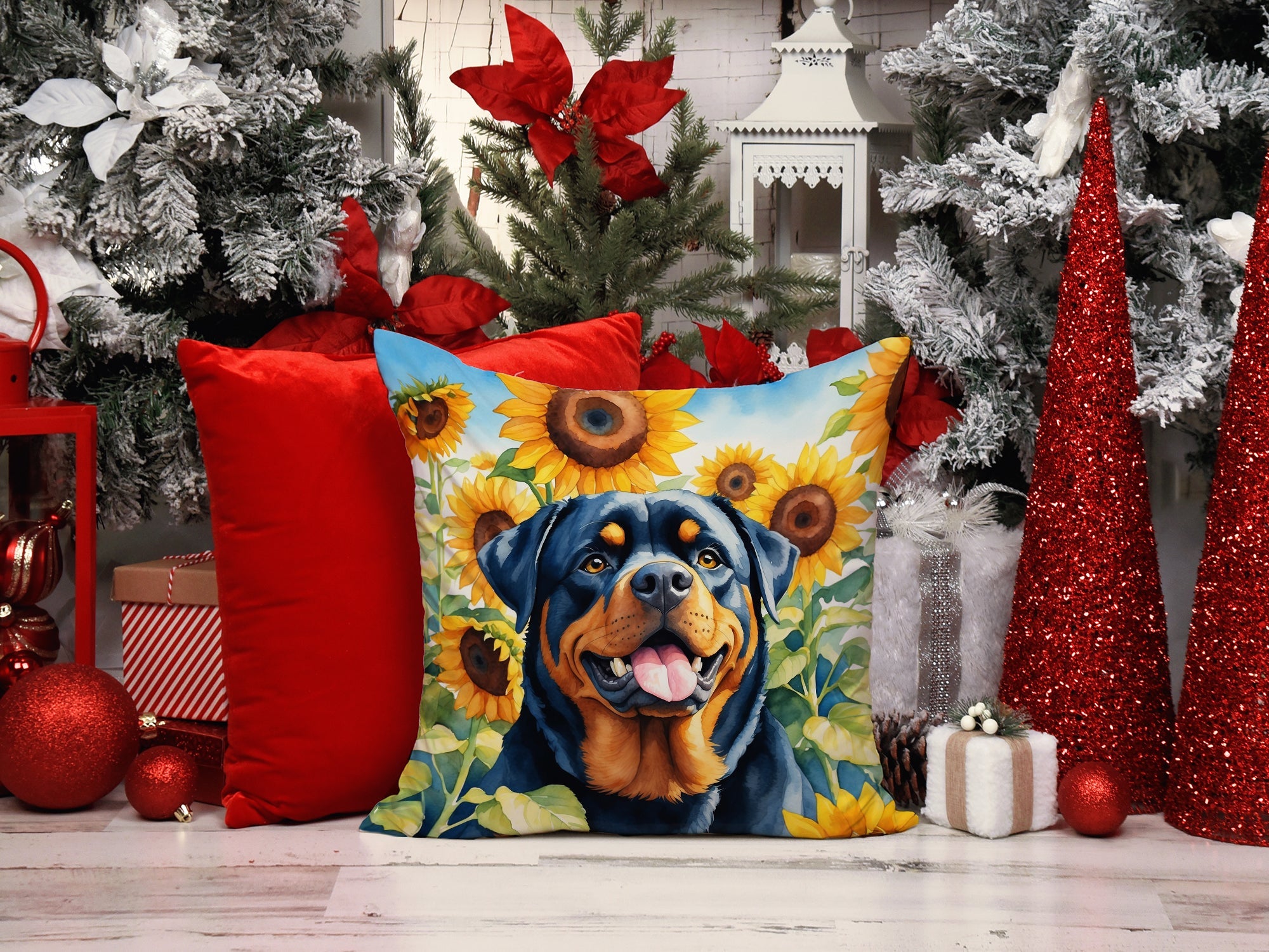 Rottweiler in Sunflowers Decorative Throw Pillow 14x14 Indoor Outdoor Accent Cushion, Fabric Cover with Insert for Sofa, Bed, Porch & Living Room