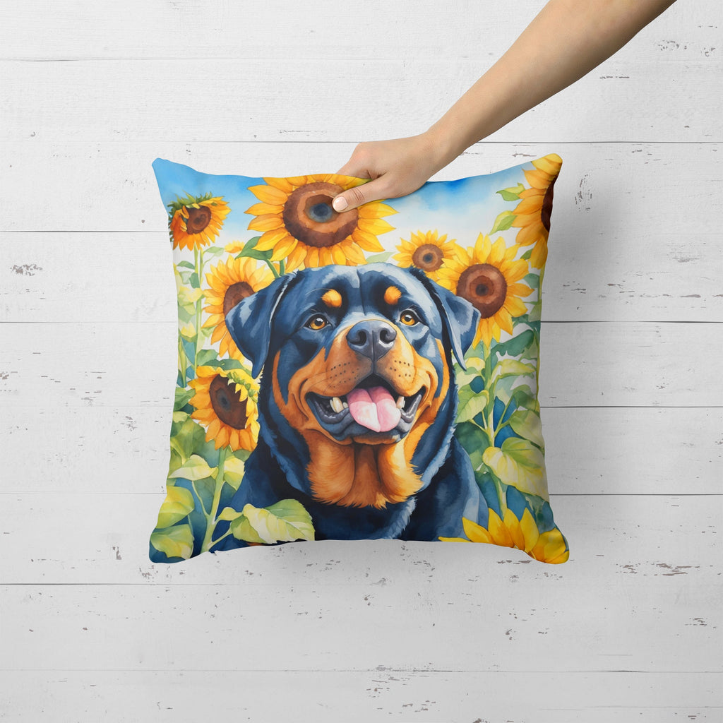 Rottweiler in Sunflowers Decorative Throw Pillow 18x18 Indoor Outdoor Accent Cushion, Fabric Cover with Insert for Sofa, Bed, Porch & Living Room