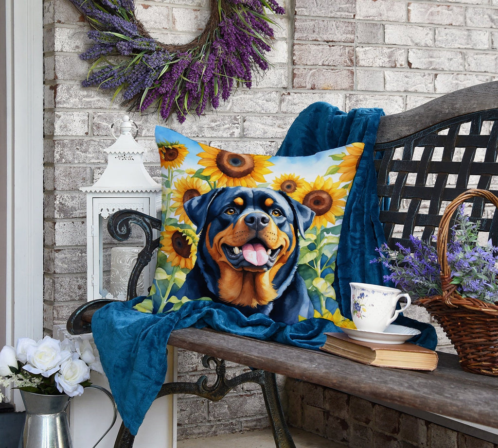 Rottweiler in Sunflowers Decorative Throw Pillow 18x18 Indoor Outdoor Accent Cushion, Fabric Cover with Insert for Sofa, Bed, Porch & Living Room