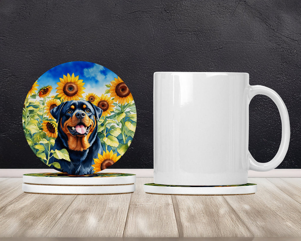 Rottweiler in Sunflowers Large Sandstone Coasters Pack of 4 Absorbent Round Coasters Decor Gifts for Men or Women, 4 in, Multicolor