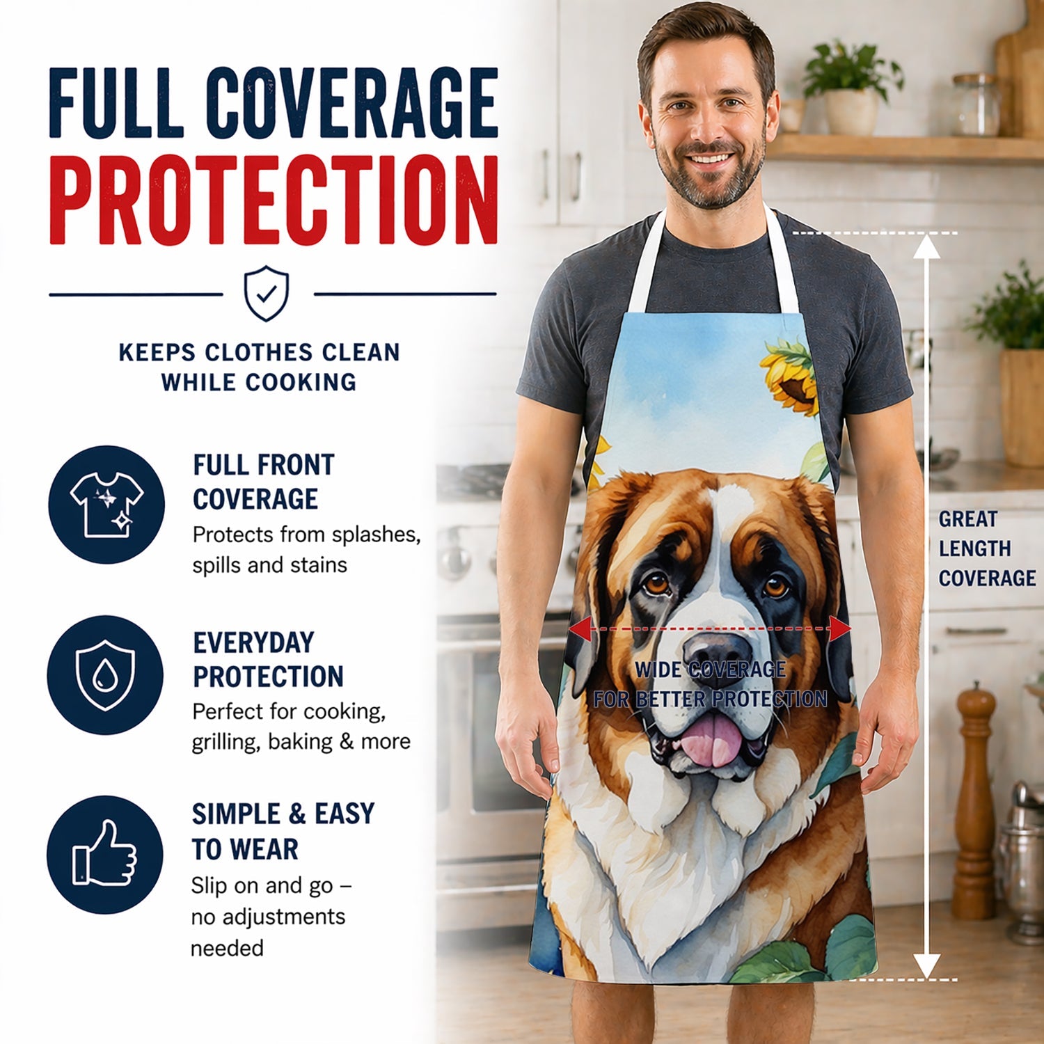 Saint Bernard in Sunflowers Apron Cooking Kitchen Server Baking Crafts Gardening for Adult Women Men, Unisex, Large, Multicolor