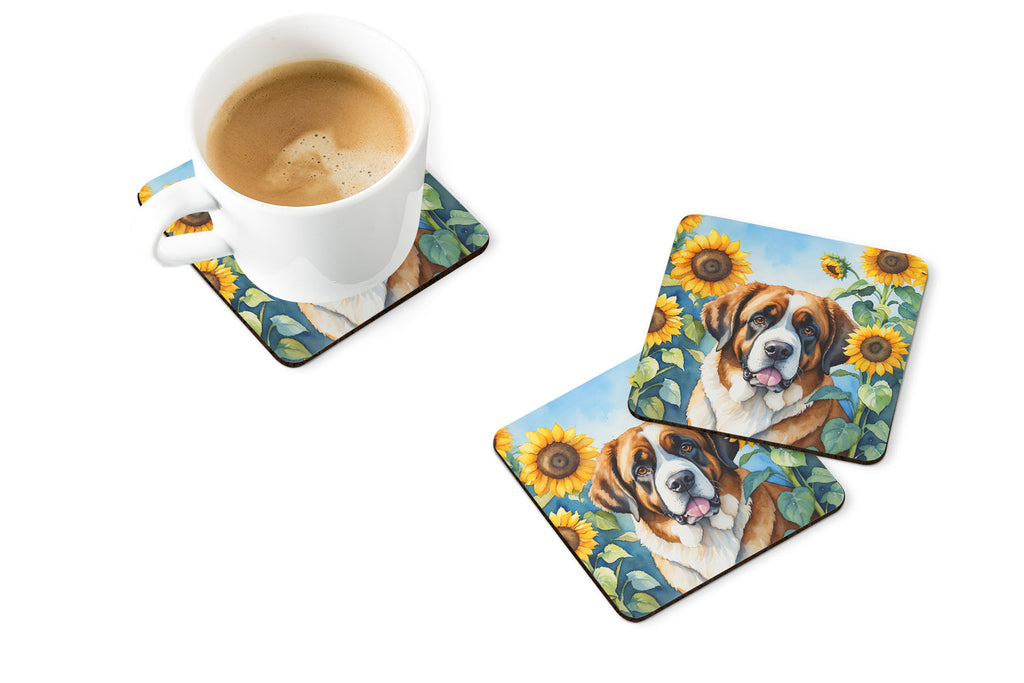 Saint Bernard in Sunflowers Foam Coasters Set of 4 Cup Coasters for Indoor Outdoor, Tabletop Protection, Anti Slip, Mouse pad Material