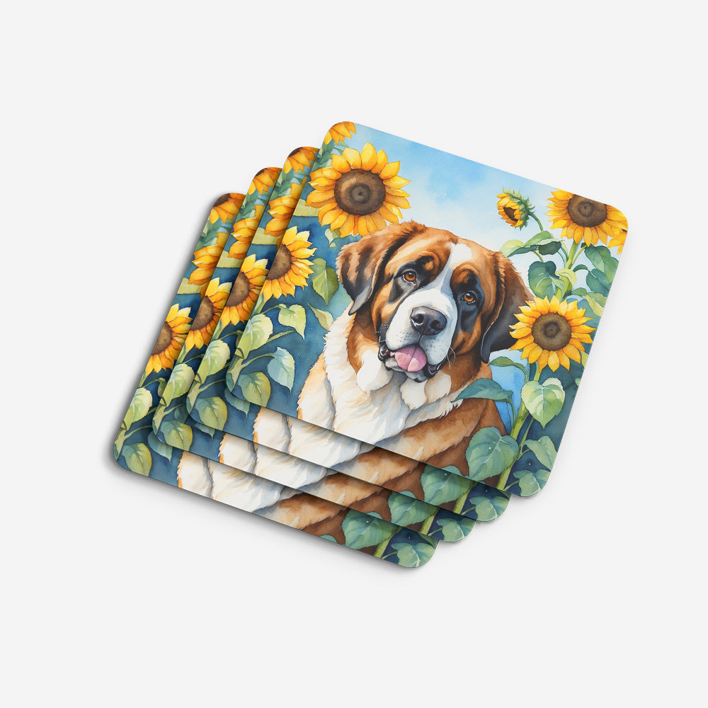 Saint Bernard in Sunflowers Foam Coasters Set of 4 Cup Coasters for Indoor Outdoor, Tabletop Protection, Anti Slip, Mouse pad Material