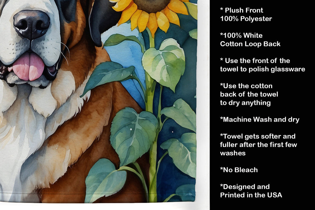 Saint Bernard in Sunflowers Kitchen Towel Velour Plush Front and Cotton Loop Back Machine Washable
