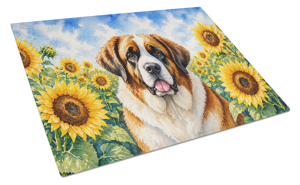 Saint Bernard in Sunflowers Cutting Board Tempered Glass Kitchen Cutting Surface, Heat Resistant Chopping Board with Non-Slip Feet, Decorative Food Prep & Serving