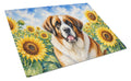 Saint Bernard in Sunflowers Cutting Board Tempered Glass Kitchen Cutting Surface, Heat Resistant Chopping Board with Non-Slip Feet, Decorative Food Prep & Serving
