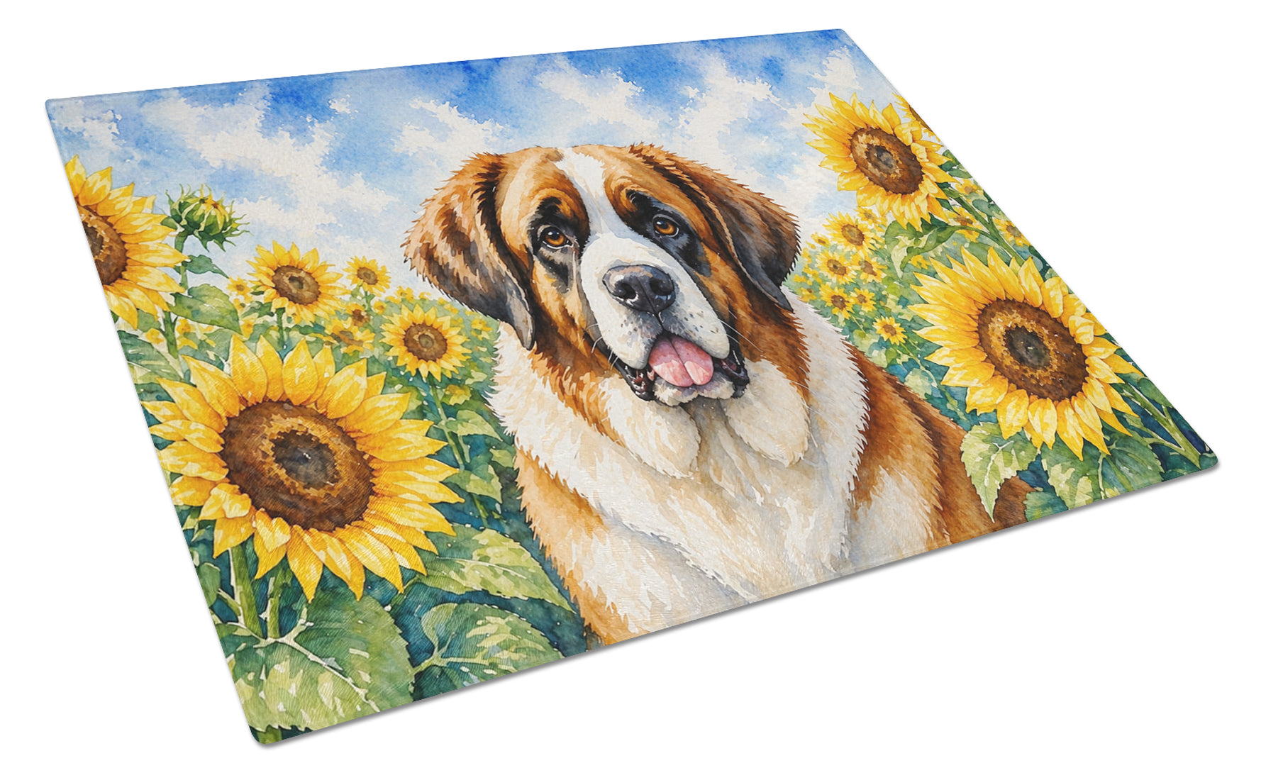 Saint Bernard in Sunflowers Cutting Board Tempered Glass Kitchen Cutting Surface, Heat Resistant Chopping Board with Non-Slip Feet, Decorative Food Prep & Serving