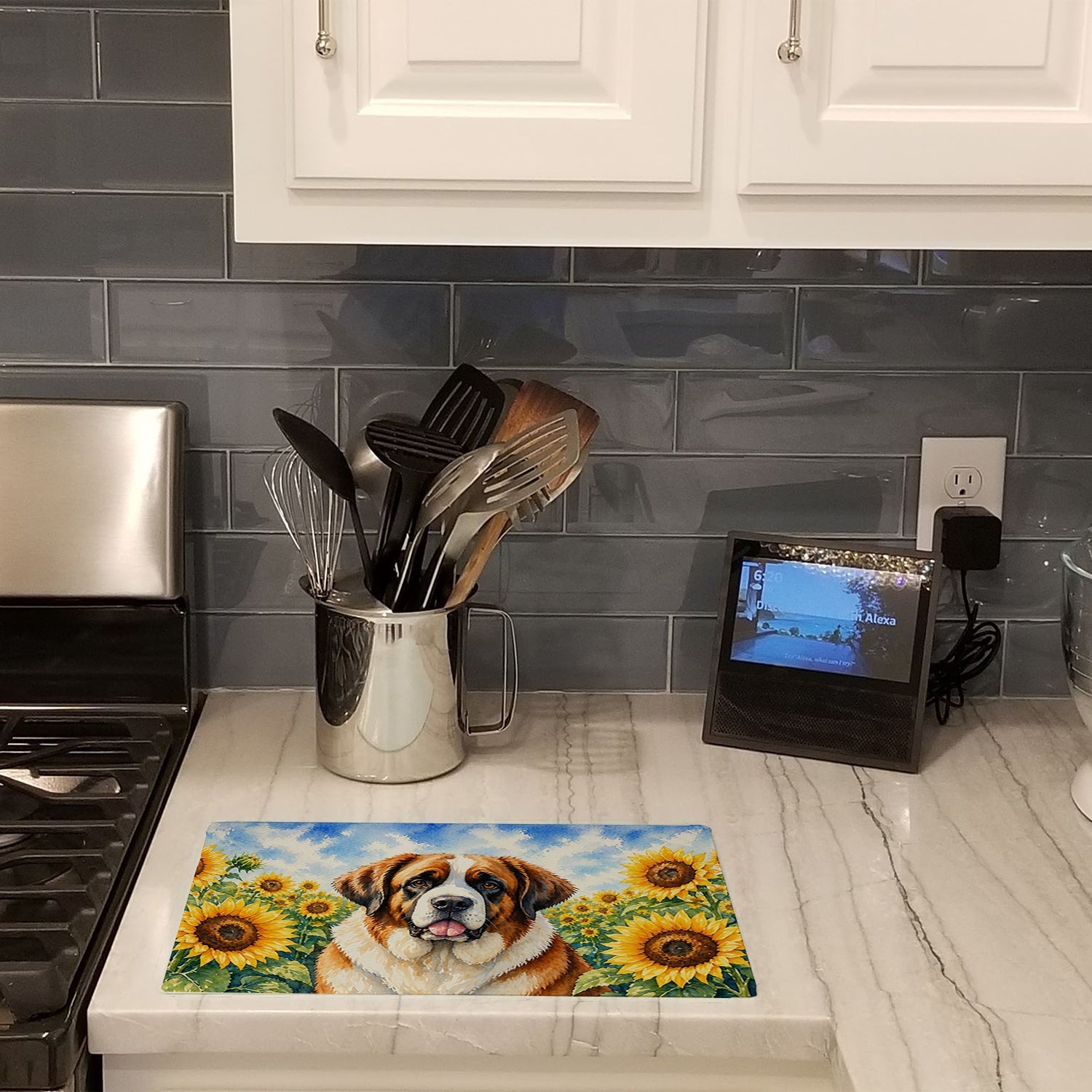 Saint Bernard in Sunflowers Cutting Board Tempered Glass Kitchen Cutting Surface, Heat Resistant Chopping Board with Non-Slip Feet, Decorative Food Prep & Serving