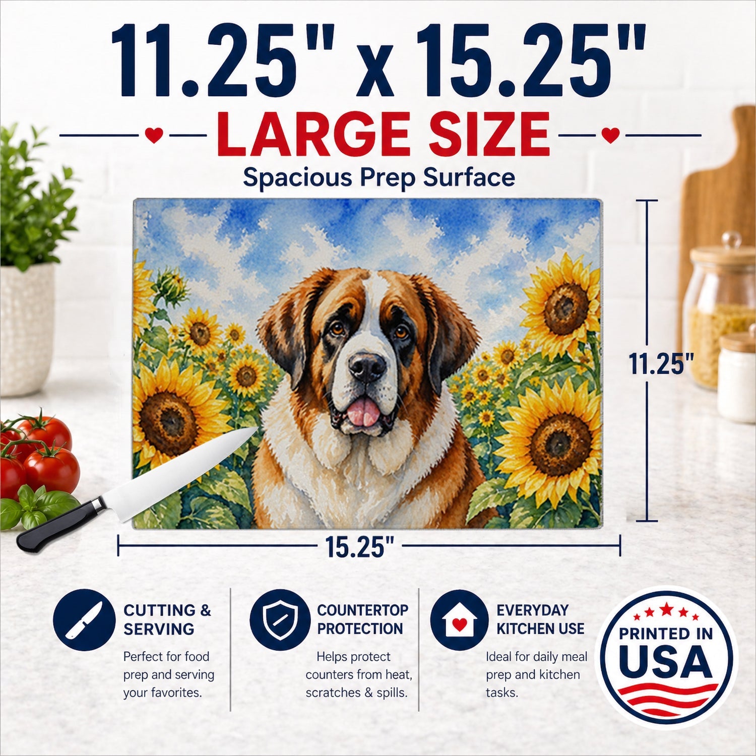 Saint Bernard in Sunflowers Cutting Board Tempered Glass Kitchen Cutting Surface, Heat Resistant Chopping Board with Non-Slip Feet, Decorative Food Prep & Serving