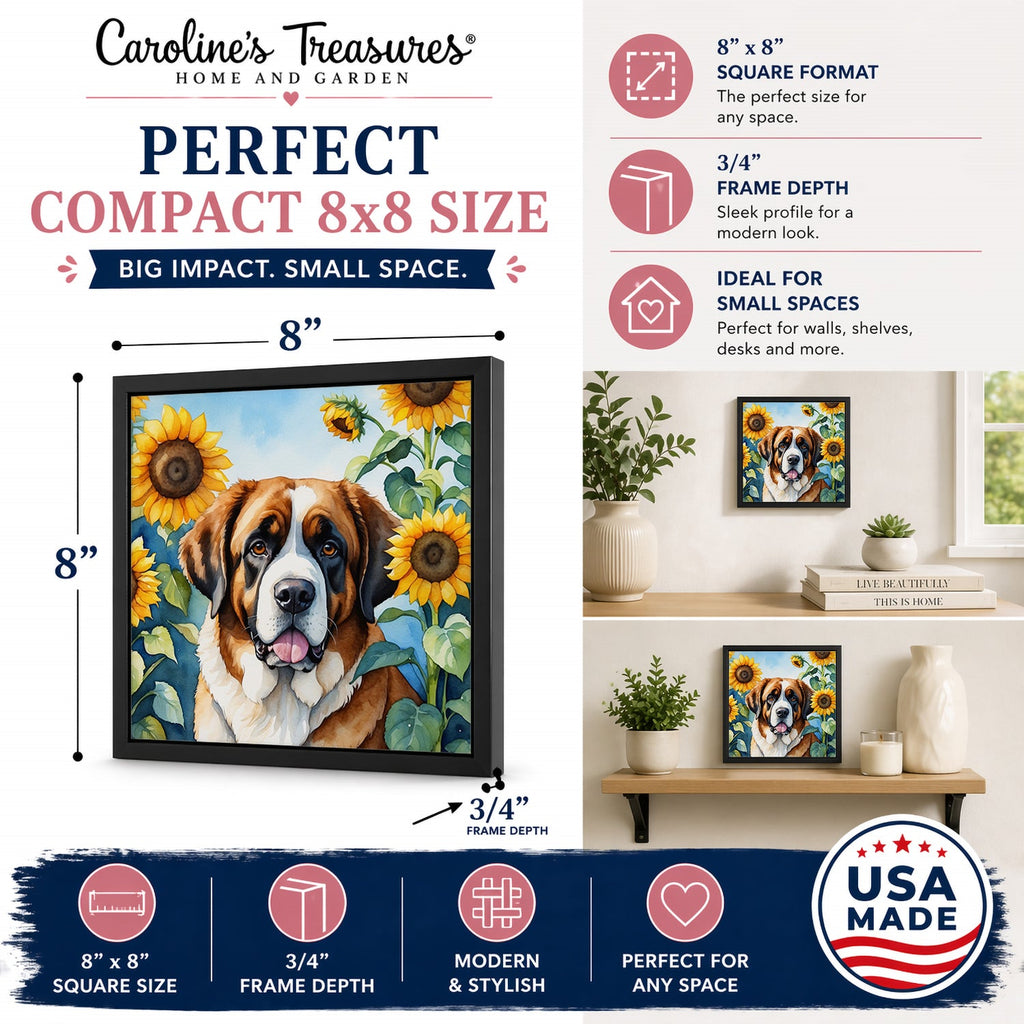 Saint Bernard in Sunflowers Framed Metal Print Bathroom, Kitchen, Office, Home Decor Wall Art Ready to Hang, Square, 8X8