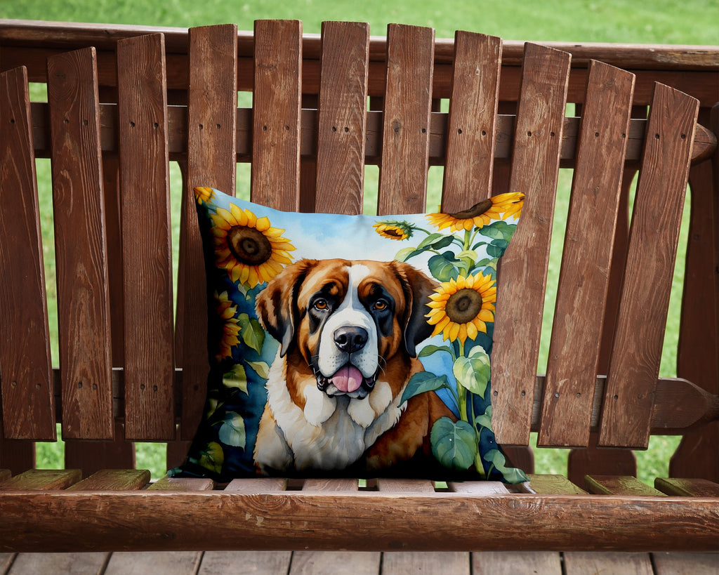 Saint Bernard in Sunflowers Decorative Throw Pillow 14x14 Indoor Outdoor Accent Cushion, Fabric Cover with Insert for Sofa, Bed, Porch & Living Room