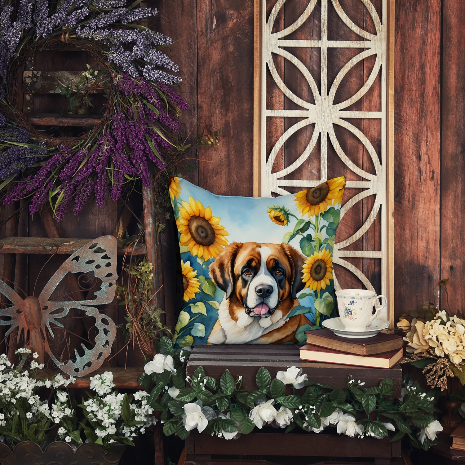 Saint Bernard in Sunflowers Decorative Throw Pillow 14x14 Indoor Outdoor Accent Cushion, Fabric Cover with Insert for Sofa, Bed, Porch & Living Room