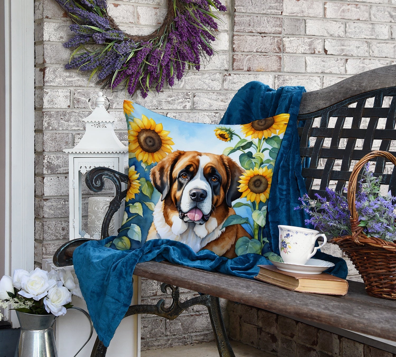 Saint Bernard in Sunflowers Decorative Throw Pillow 18x18 Indoor Outdoor Accent Cushion, Fabric Cover with Insert for Sofa, Bed, Porch & Living Room