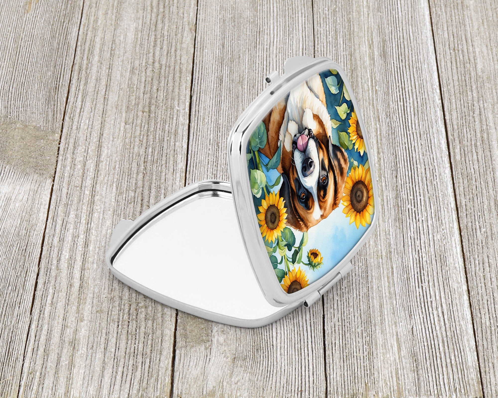 Saint Bernard in Sunflowers Compact Mirror Decorative Travel Makeup Mirror for Women Girls Gifts Pocket Makeup Mirror Folding Handheld