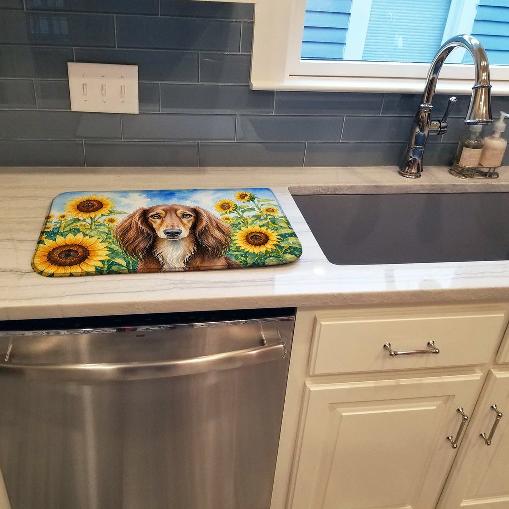 Saluki in Sunflowers Dish Drying Mat Absorbent Dish Drying Mat Pad for Kitchen Counter Dish Drainer Mat for Countertop, 14 x 21", Multicolor