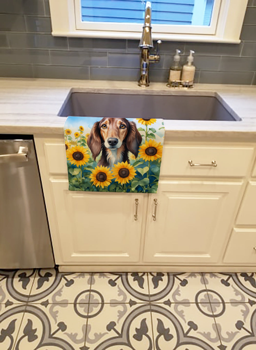 Saluki in Sunflowers Kitchen Towel Velour Plush Front and Cotton Loop Back Machine Washable