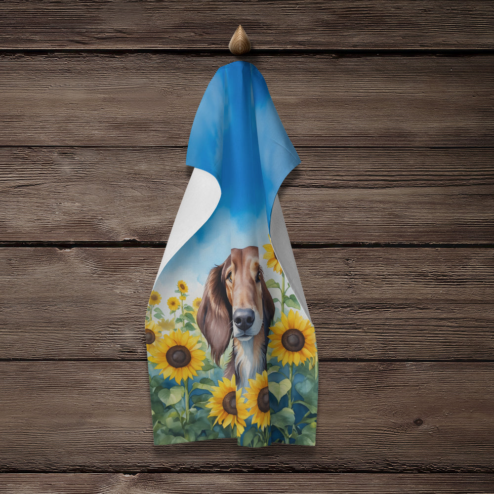 Saluki in Sunflowers Kitchen Towel Velour Plush Front and Cotton Loop Back Machine Washable