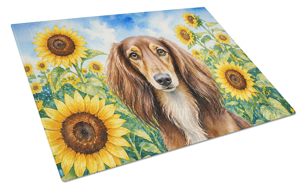 Saluki in Sunflowers Cutting Board Tempered Glass Kitchen Cutting Surface, Heat Resistant Chopping Board with Non-Slip Feet, Decorative Food Prep & Serving