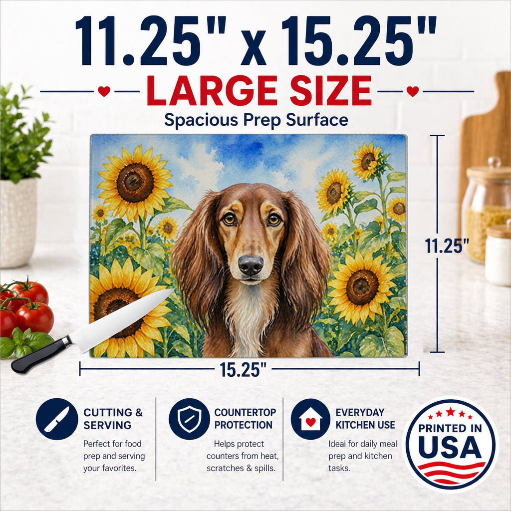 Saluki in Sunflowers Cutting Board Tempered Glass Kitchen Cutting Surface, Heat Resistant Chopping Board with Non-Slip Feet, Decorative Food Prep & Serving