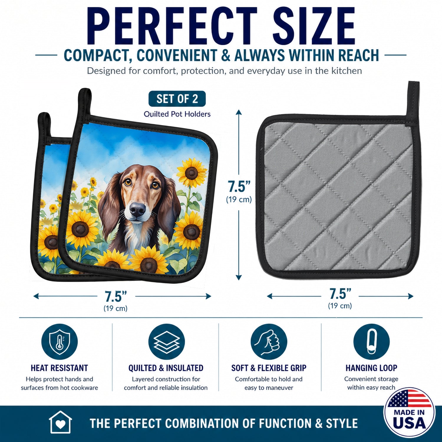 Saluki in Sunflowers Pot Holder Set of 2 Heat Resistant Quilted Hot Pads 7.5 x 7.5 Inch, Insulated Kitchen Trivets for Cooking & Baking