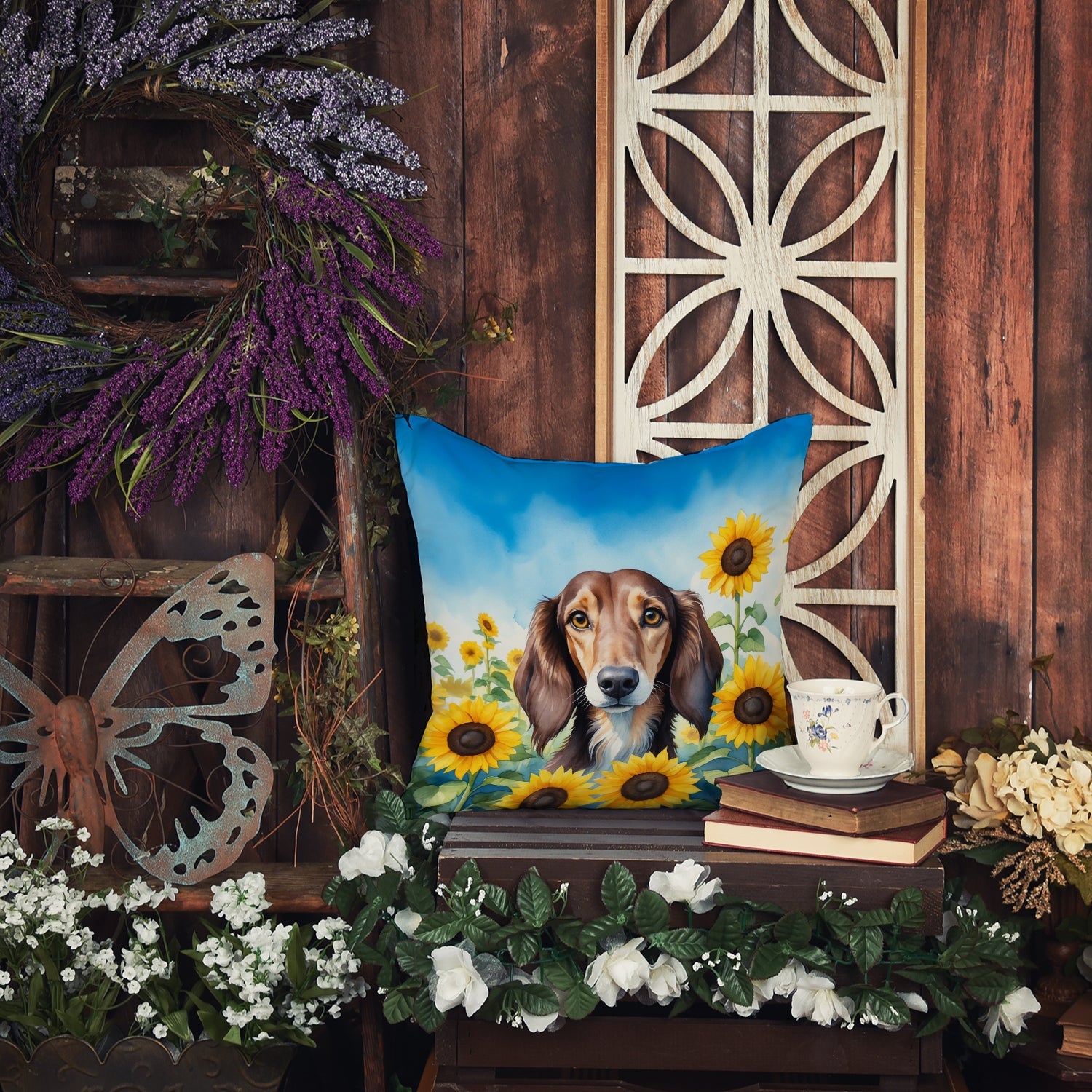 Saluki in Sunflowers Decorative Throw Pillow 14x14 Indoor Outdoor Accent Cushion, Fabric Cover with Insert for Sofa, Bed, Porch & Living Room