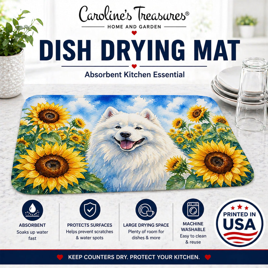 Samoyed in Sunflowers Dish Drying Mat Absorbent Dish Drying Mat Pad for Kitchen Counter Dish Drainer Mat for Countertop, 14 x 21", Multicolor