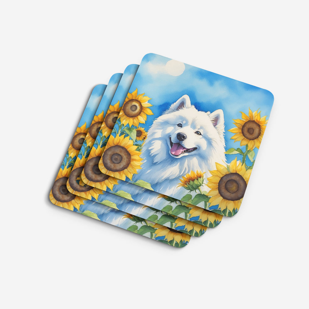 Samoyed in Sunflowers Foam Coasters Set of 4 Cup Coasters for Indoor Outdoor, Tabletop Protection, Anti Slip, Mouse pad Material