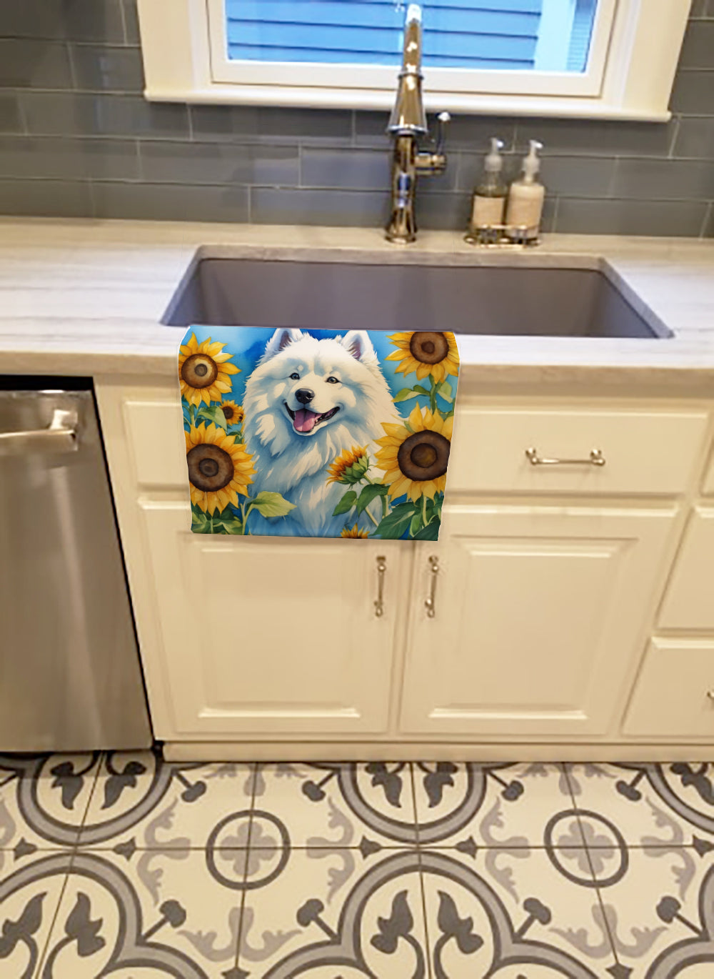 Samoyed in Sunflowers Kitchen Towel Velour Plush Front and Cotton Loop Back Machine Washable