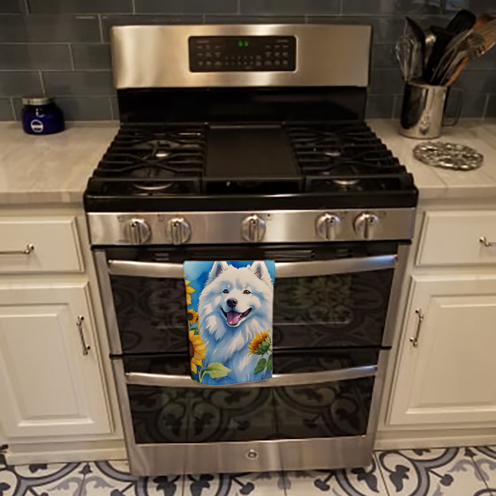 Samoyed in Sunflowers Kitchen Towel Velour Plush Front and Cotton Loop Back Machine Washable