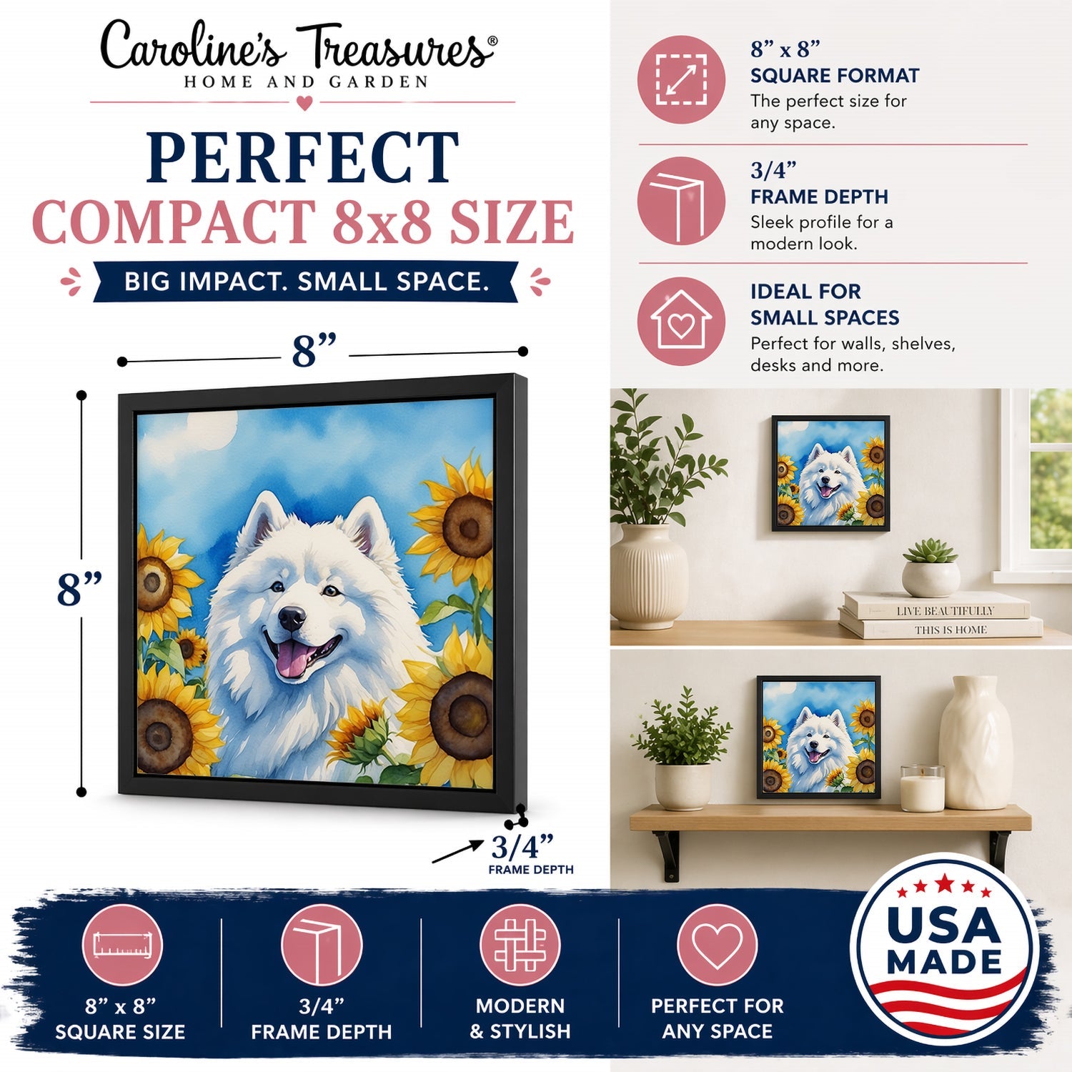 Samoyed in Sunflowers Framed Metal Print Bathroom, Kitchen, Office, Home Decor Wall Art Ready to Hang, Square, 8X8