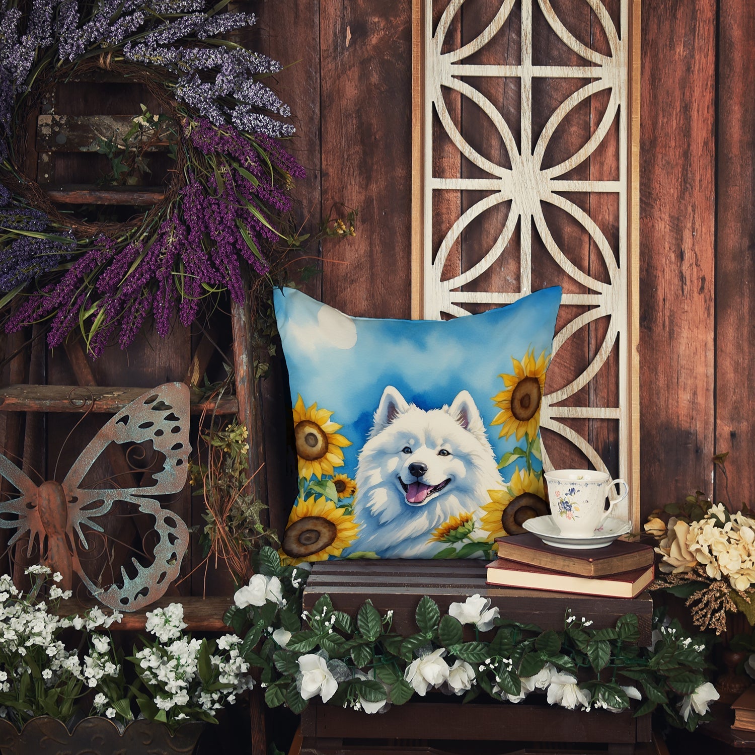 Samoyed in Sunflowers Decorative Throw Pillow 18x18 Indoor Outdoor Accent Cushion, Fabric Cover with Insert for Sofa, Bed, Porch & Living Room