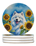 Samoyed in Sunflowers Large Sandstone Coasters Pack of 4 Absorbent Round Coasters Decor Gifts for Men or Women, 4 in, Multicolor