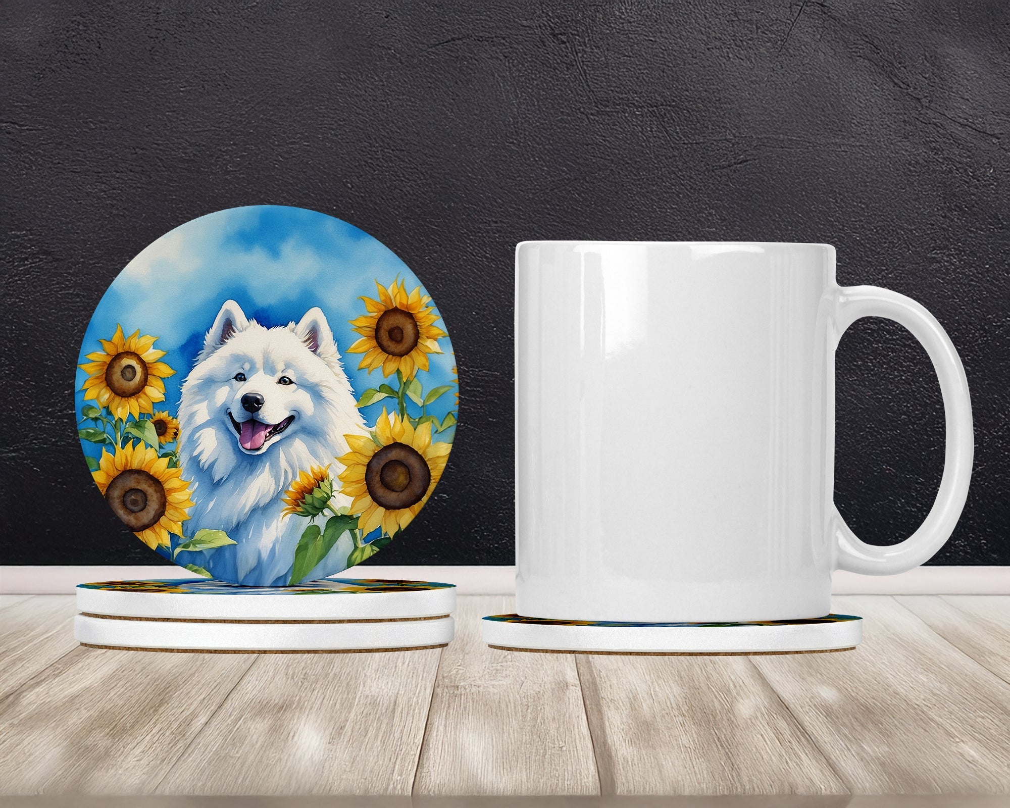 Samoyed in Sunflowers Large Sandstone Coasters Pack of 4 Absorbent Round Coasters Decor Gifts for Men or Women, 4 in, Multicolor