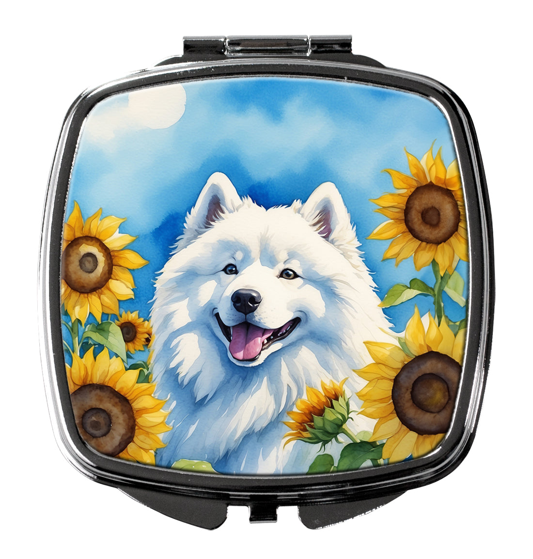 Samoyed in Sunflowers Compact Mirror Decorative Travel Makeup Mirror for Women Girls Gifts Pocket Makeup Mirror Folding Handheld
